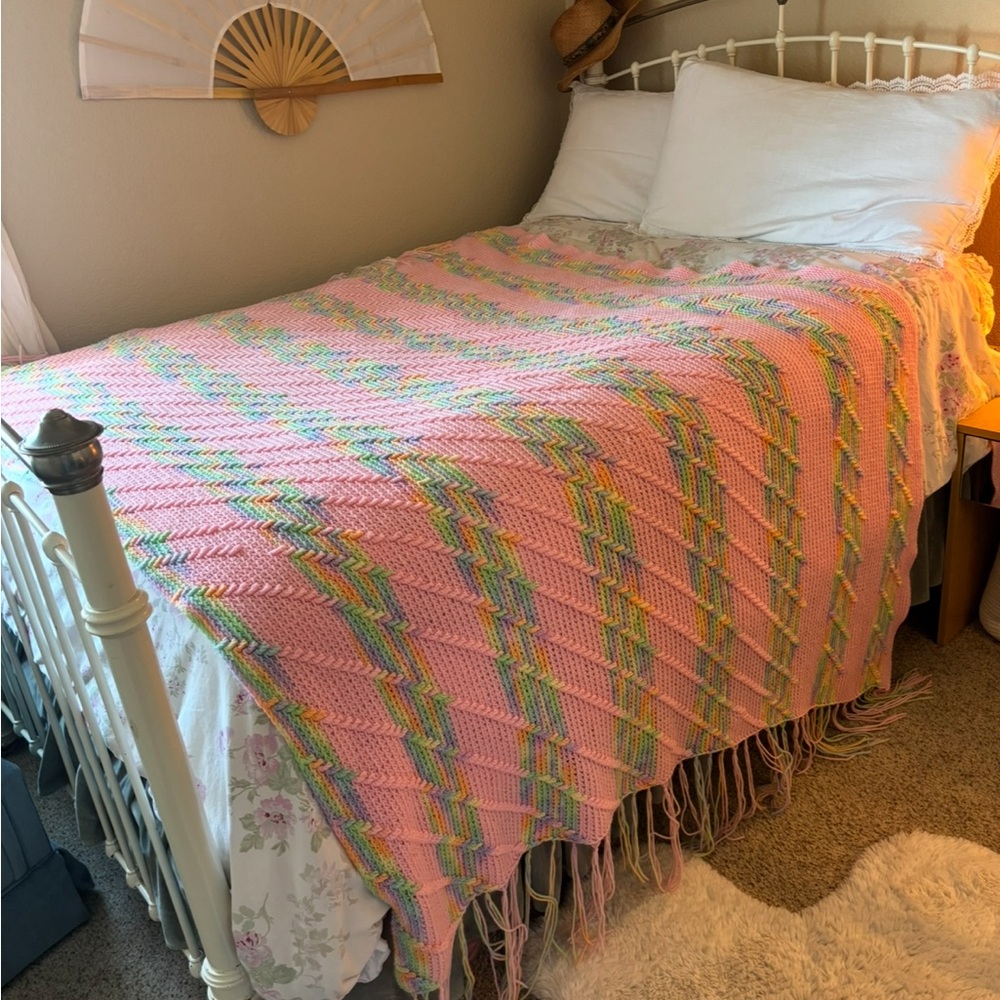 Vintage Pink and Multicolor handmade crochet Knit Throw Blanket